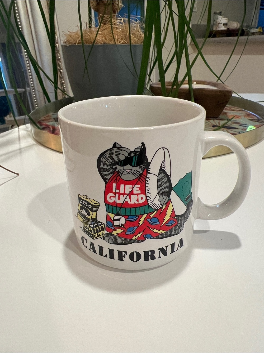 Vintage 1989 B. Klinan California Lifeguard Cat Graphic Coffee Mug - White